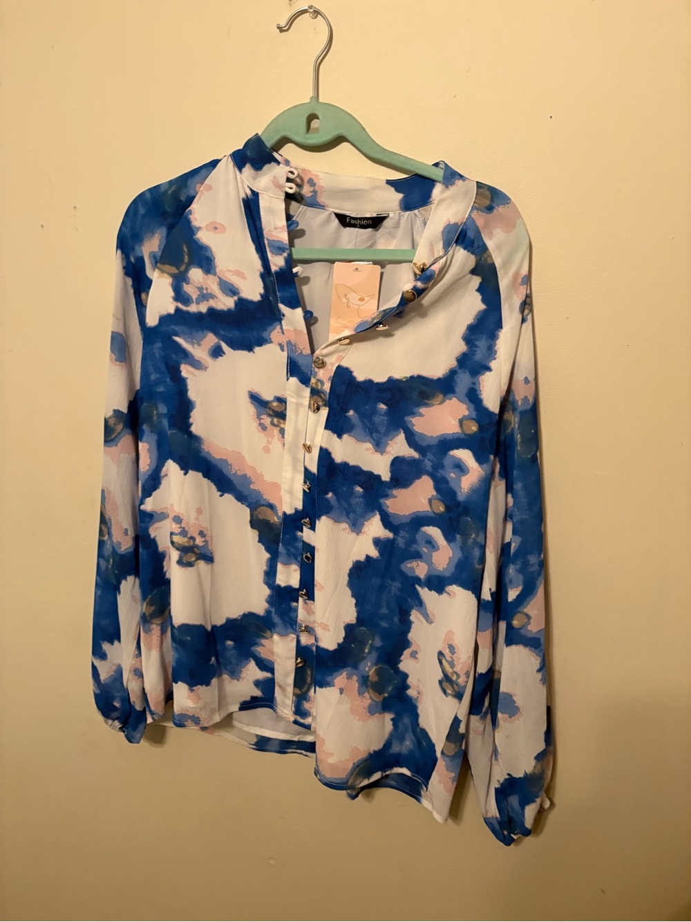 Amazon Blue and Pink Abstract Button-Front Blouse